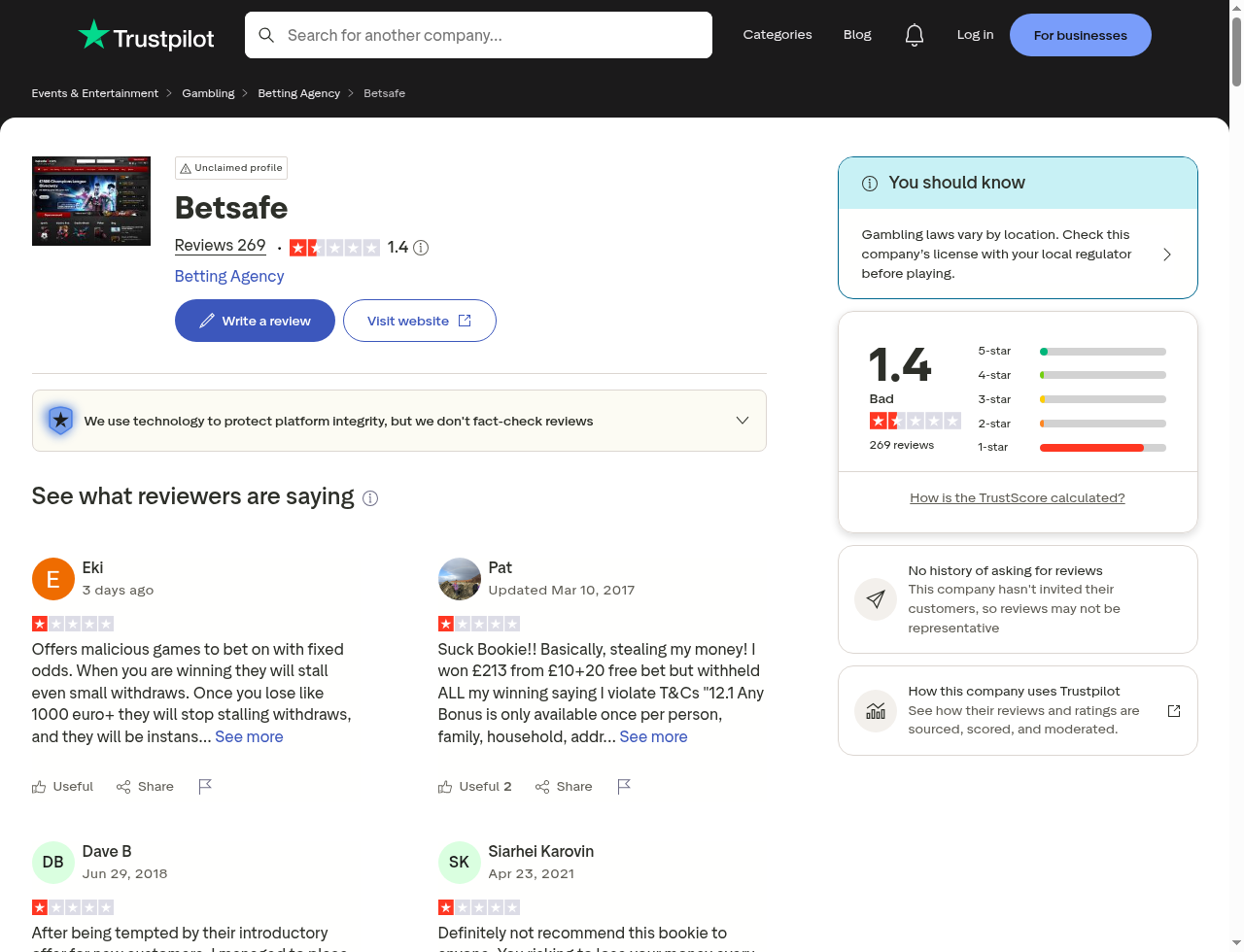 Contexto público de usuarios asociado con betsafe.com